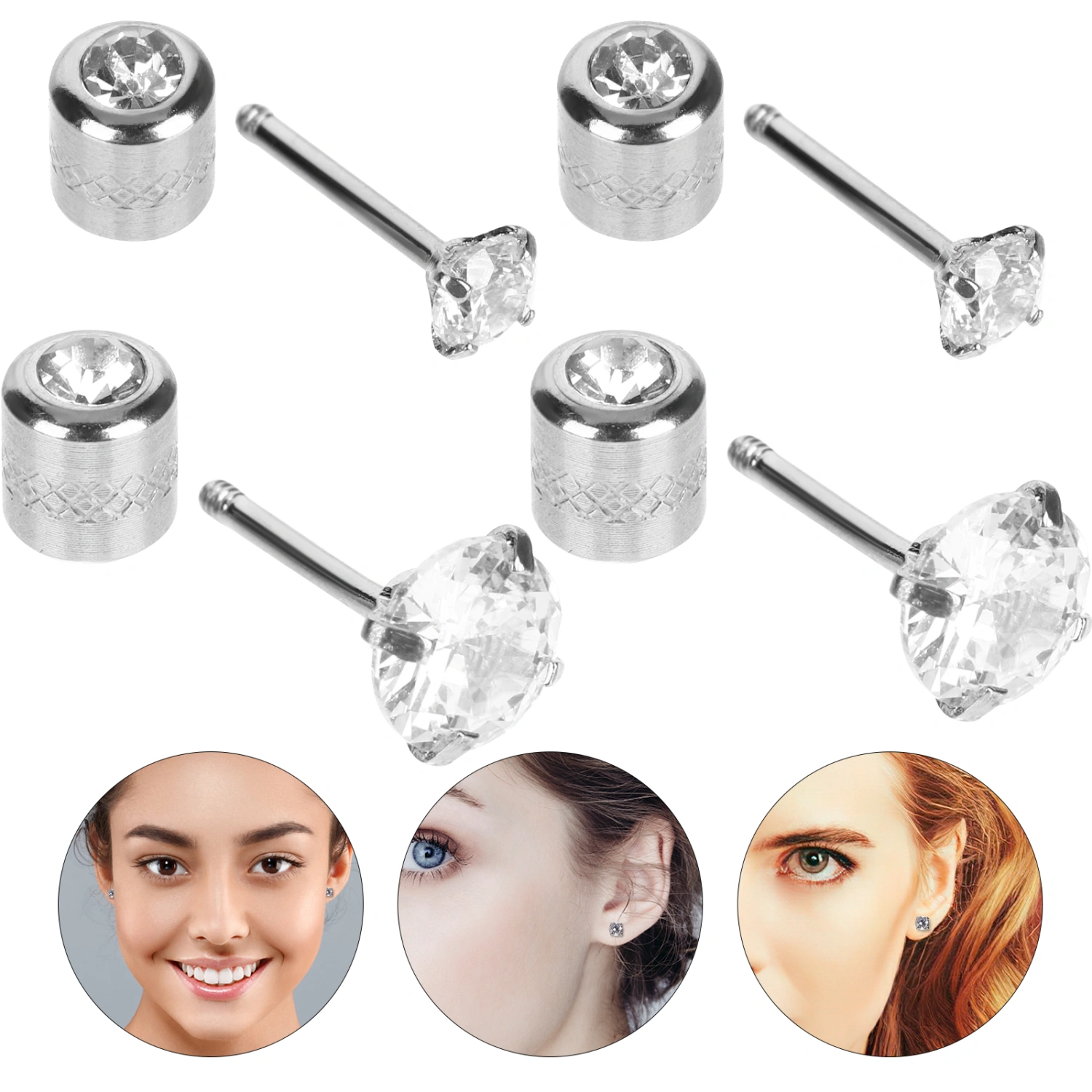 2 Pairs Zircon Stud Earrings Tiny Ear Studs Ear Piercing Jewelry Gift for Women Girls
