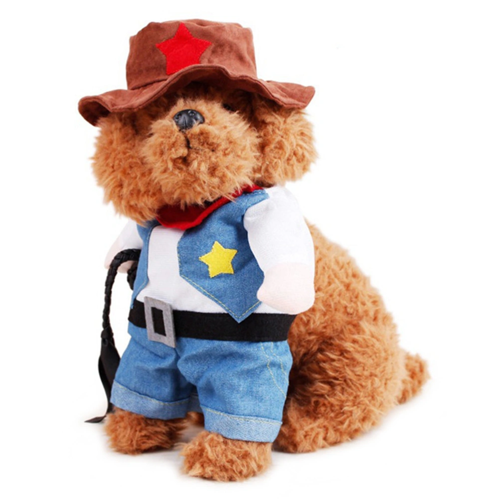 Pet Clothes Cowboy Cosplay Costume Cat Dog Blue Jeans Hat Outfit Funny Party Apparel - Size M