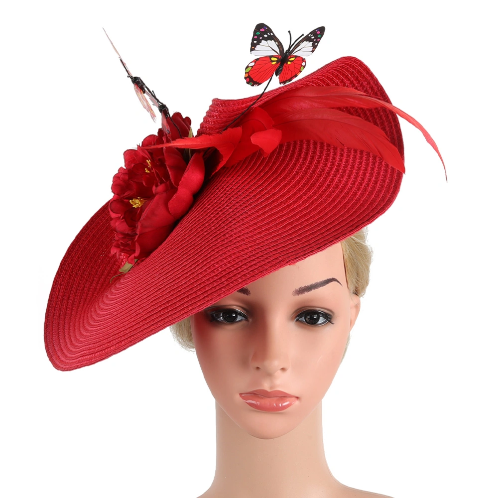 Women Fascinator Straw Hat Tea Party Headdress Banquet Hat Exaggerated Butterfly Headband