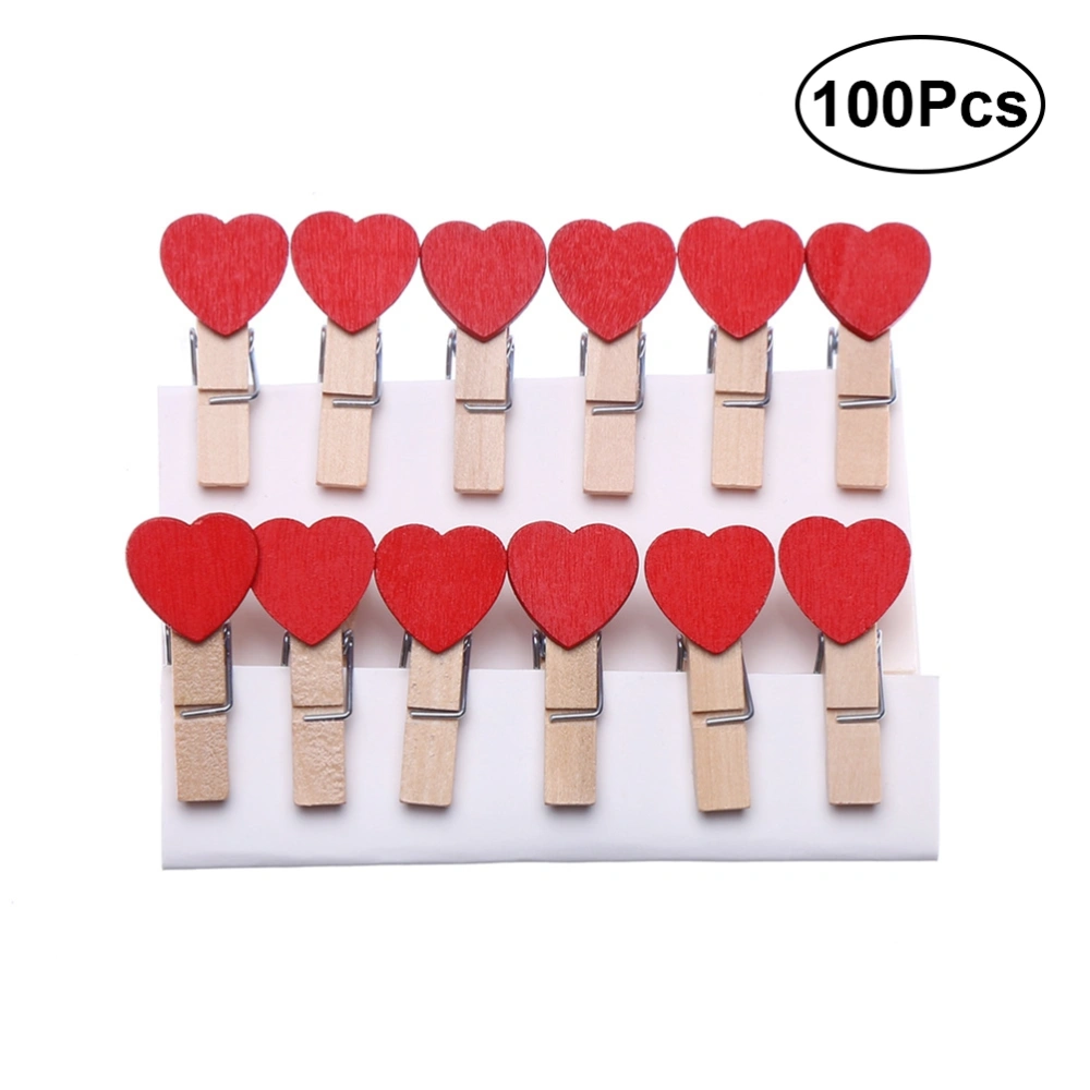 100Pcs Colored Mini Love Heart Wooden Office Supplies Craft Memo Clips DIY Clothes Paper Photo Decoration (Red)