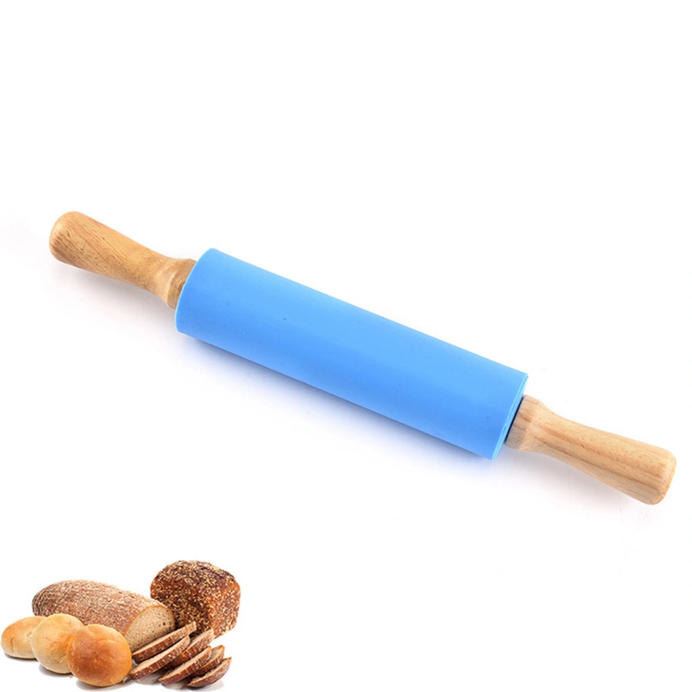 38cm Non-stick Rolling Pin Wooden Handle Roller Silicone Rolling Stick for Cookie Pastry Dough (Blue)