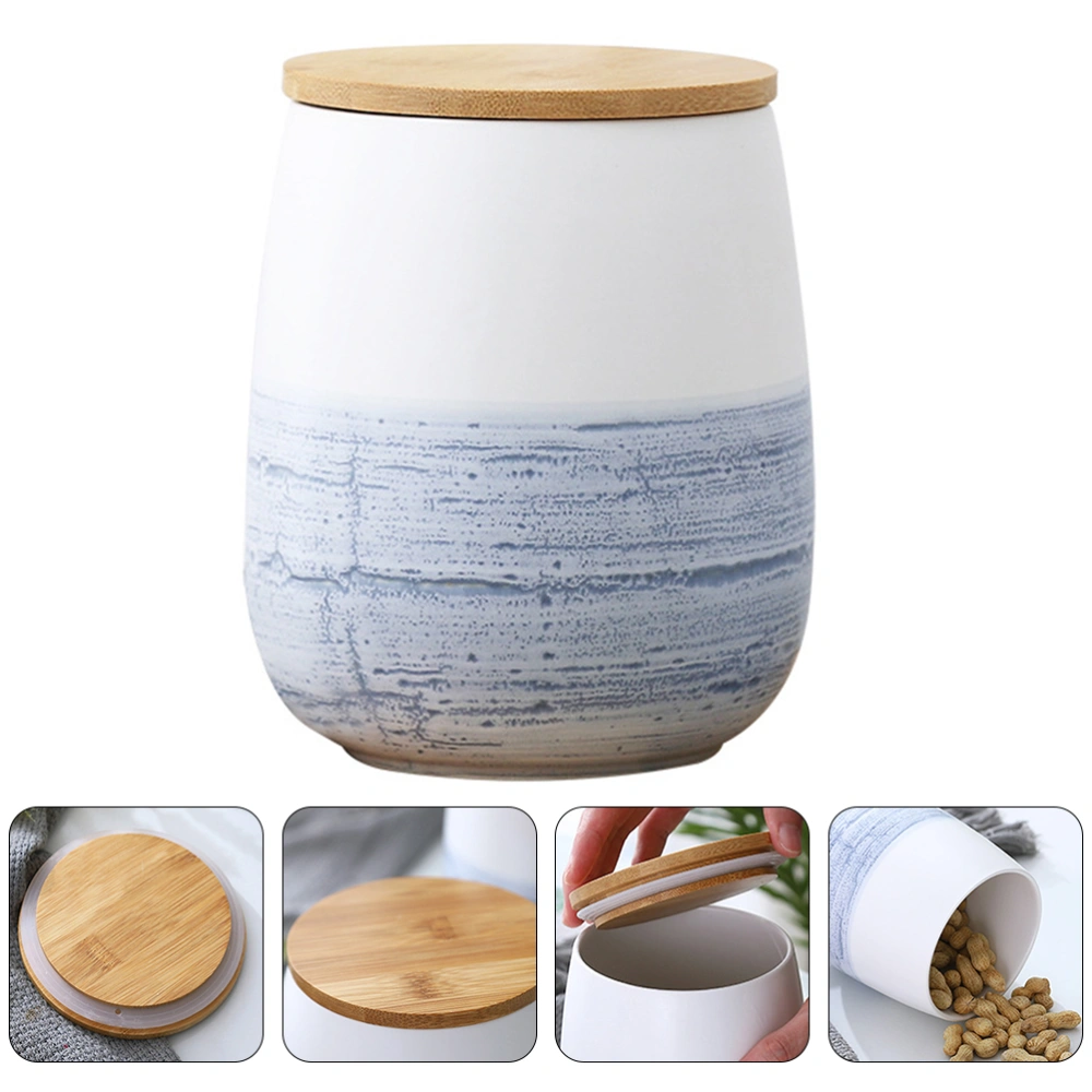 1pc Ceramic Candy Jar Kitchen Sealed Container with Wooden Cover (Large Size)