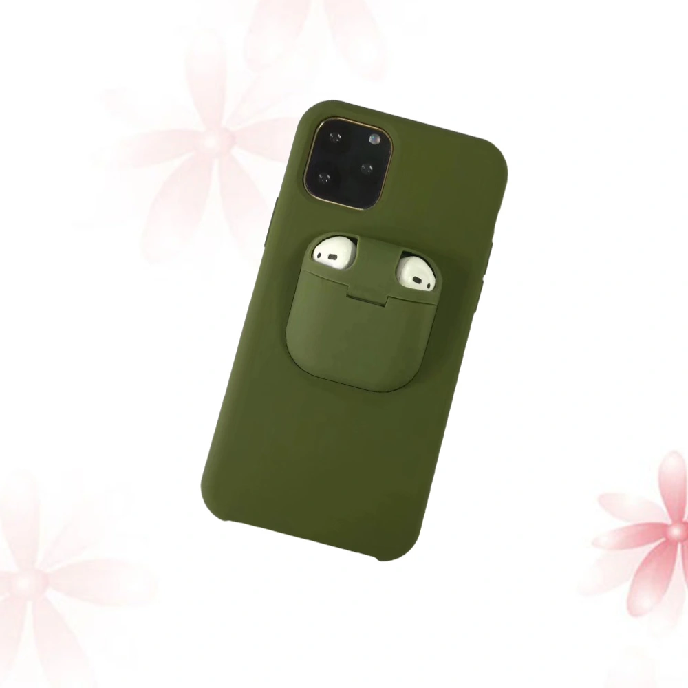 Two in One Cellphone Shell and Earphone Protective Cover Silicone Protective Sleeve Compatible for Iphone 11 and Olive Green