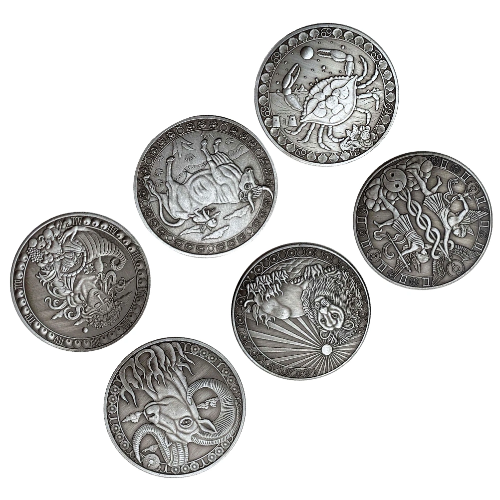 6PCS Vintage Twelve Constellations Commemorative Coins Embossment Metal Coins Souvenirs Gift Crafts (Aries + Taurus + Gemini + Cancer + Leo + Virgo)