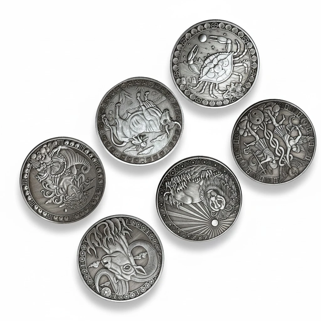 6PCS Vintage Twelve Constellations Commemorative Coins Embossment Metal Coins Souvenirs Gift Crafts (Aries + Taurus + Gemini + Cancer + Leo + Virgo)