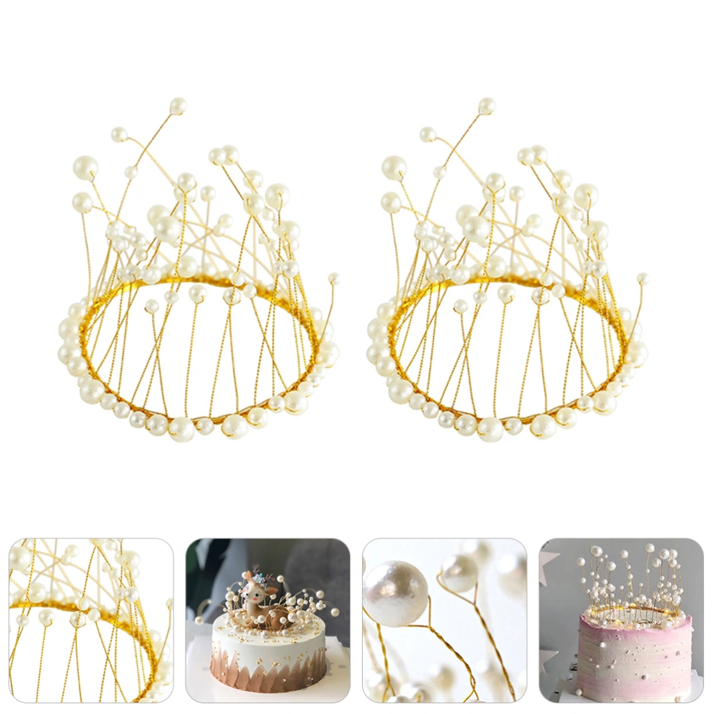 2Pcs Beautiful Cake Topper White Pearl Crown Decorations Cake Ornaments