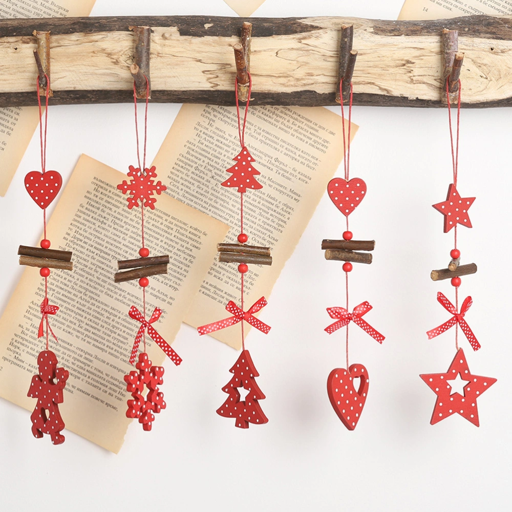 5pcs Christmas Tree Wooden Hanging Creative Polka Dot Printing Pendant Bowknot Bead Decor Christmas Hanging Pendant Decorative Props for Tree Home Garden Yard(Red, Pentagram + Heart + Angel + Christmas Tree + Snowflake, 1pc for Each Pattern)