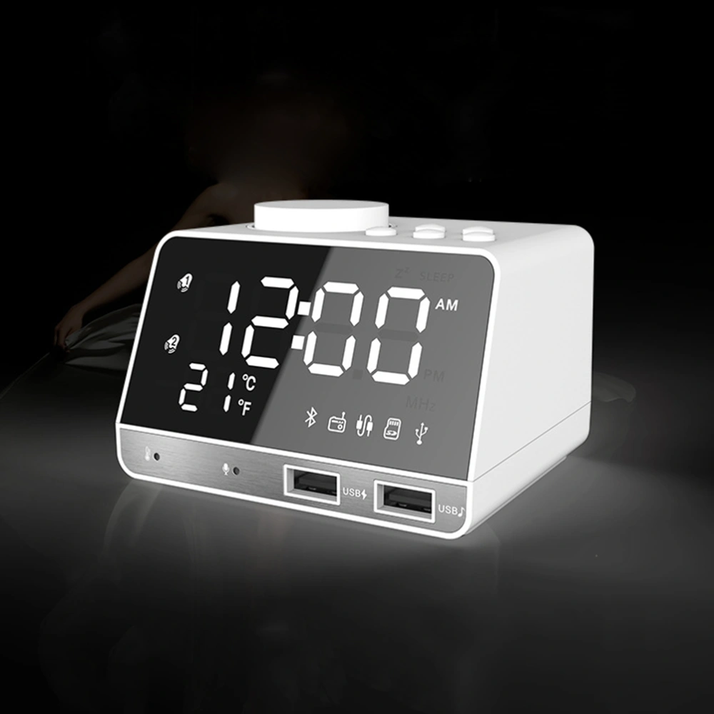 Alarm Clock Radio  Speaker with Dual Snooze Clock USB Charging Port AUX TF Play Thermometer Large Mirror LED Dimmable Display for Bedroom Kitchen Hotel Table Desk with US Plug (White)