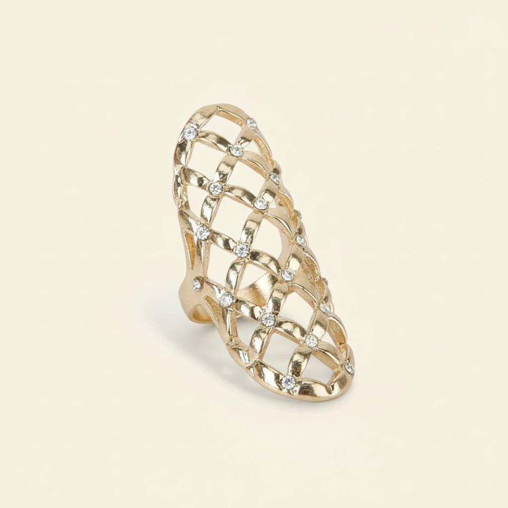 Women Punk Style Rhinestone Decorated Hollow Finger Ring (Golden)