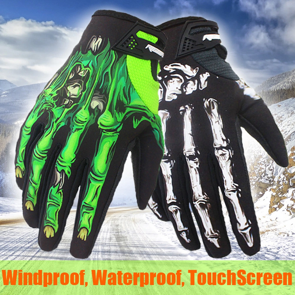 1 Pair of Winter Gloves Waterproof Touch Screen Finger Gloves Skull Pattern Warm Hands Protection Cover for Outdoor Motorcycle Climbing Hiking (Green, Size L)