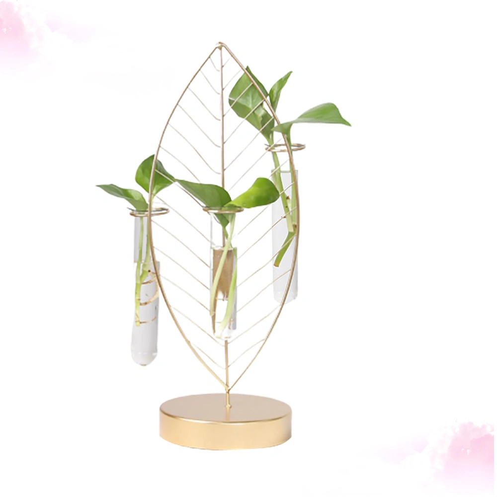 Creative Test Tube Glass Vase Leaf Shaped Iron Art Flower Arrangement Vase Stylish Glass Planter Glass Plant Container (with 3pcs Test Tubes)