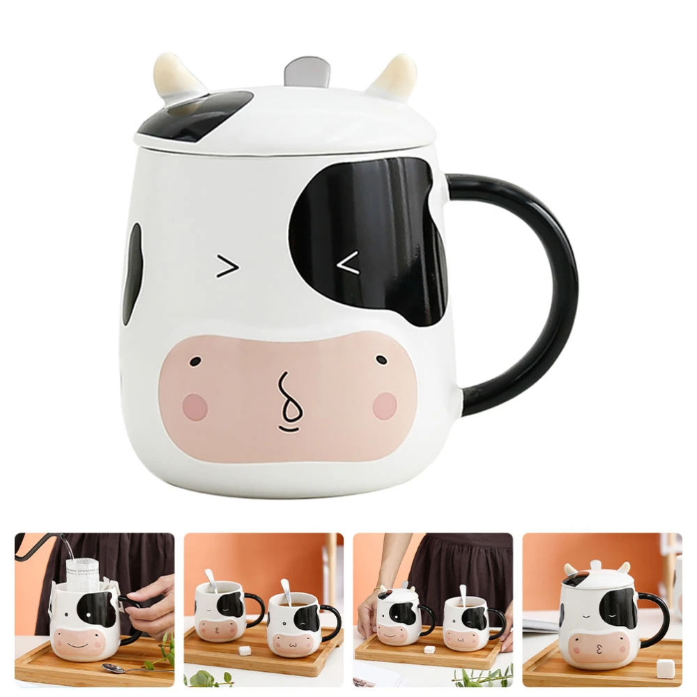 1 Set Lovely Cow Pattern Milk Cup Coffee Cup Adorable Milk Mug with Spoon Lid