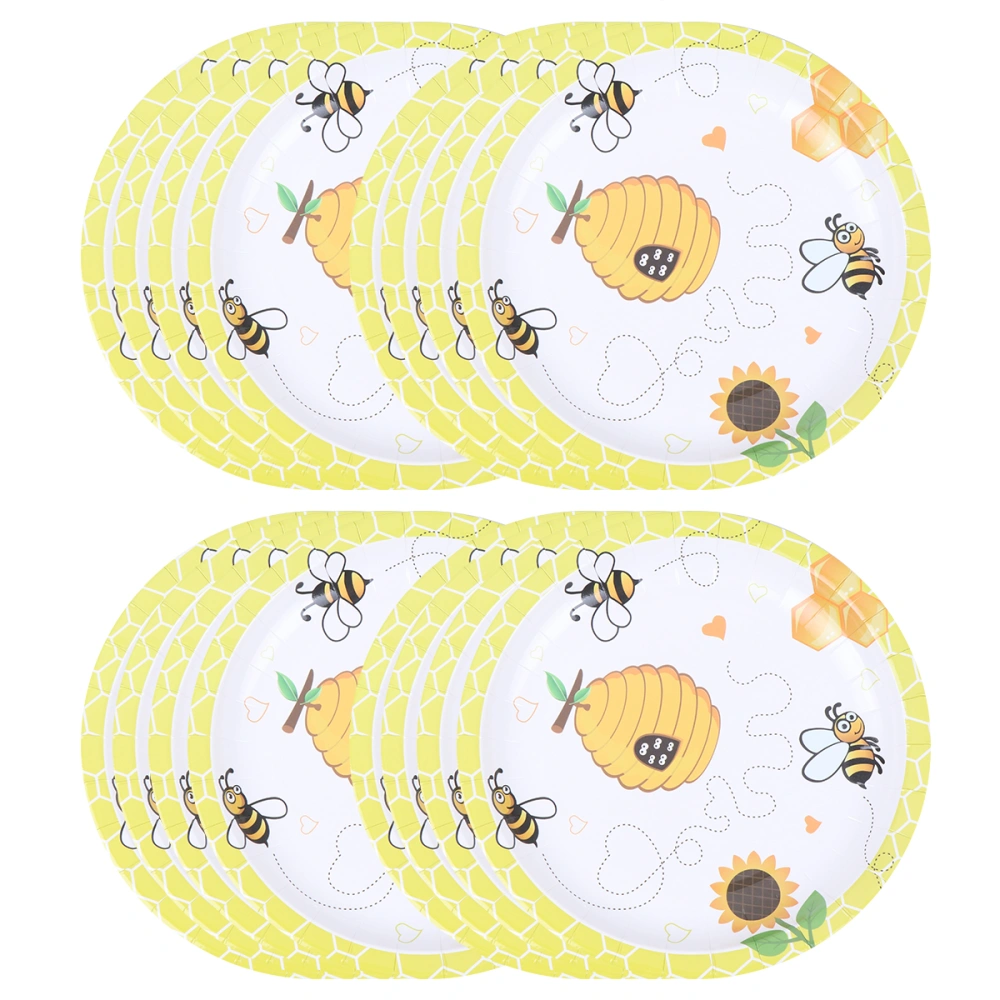 16pcs 7 Inches Disposable Cake Plates Bee Theme Party Paper Dishes Bee Printing Tableware for Birthday Party Carnival