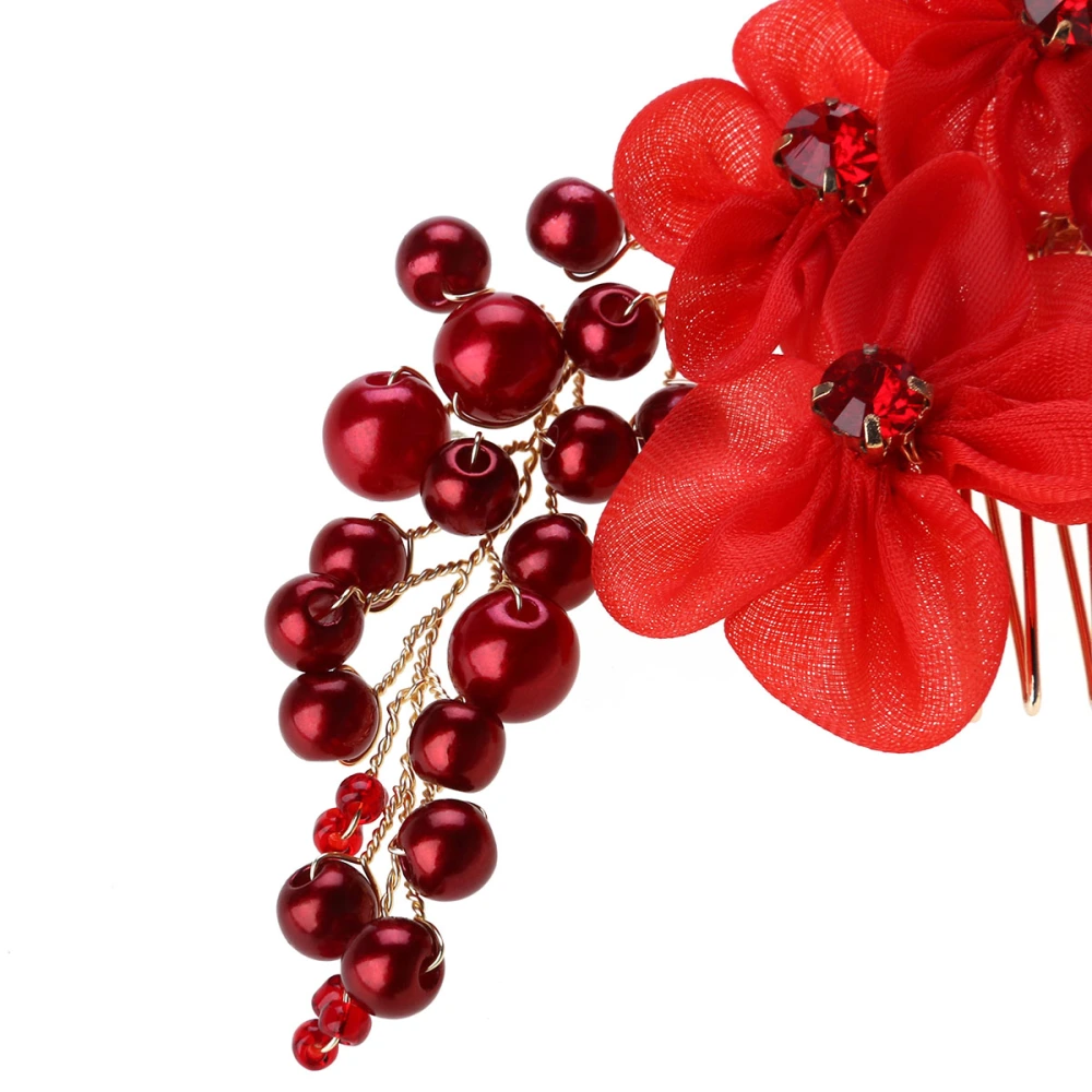 Fashion Pearl Rhinestone Wedding Hair Clip Pin Comb Leaf Flower Women Hair Jewlery (Red)