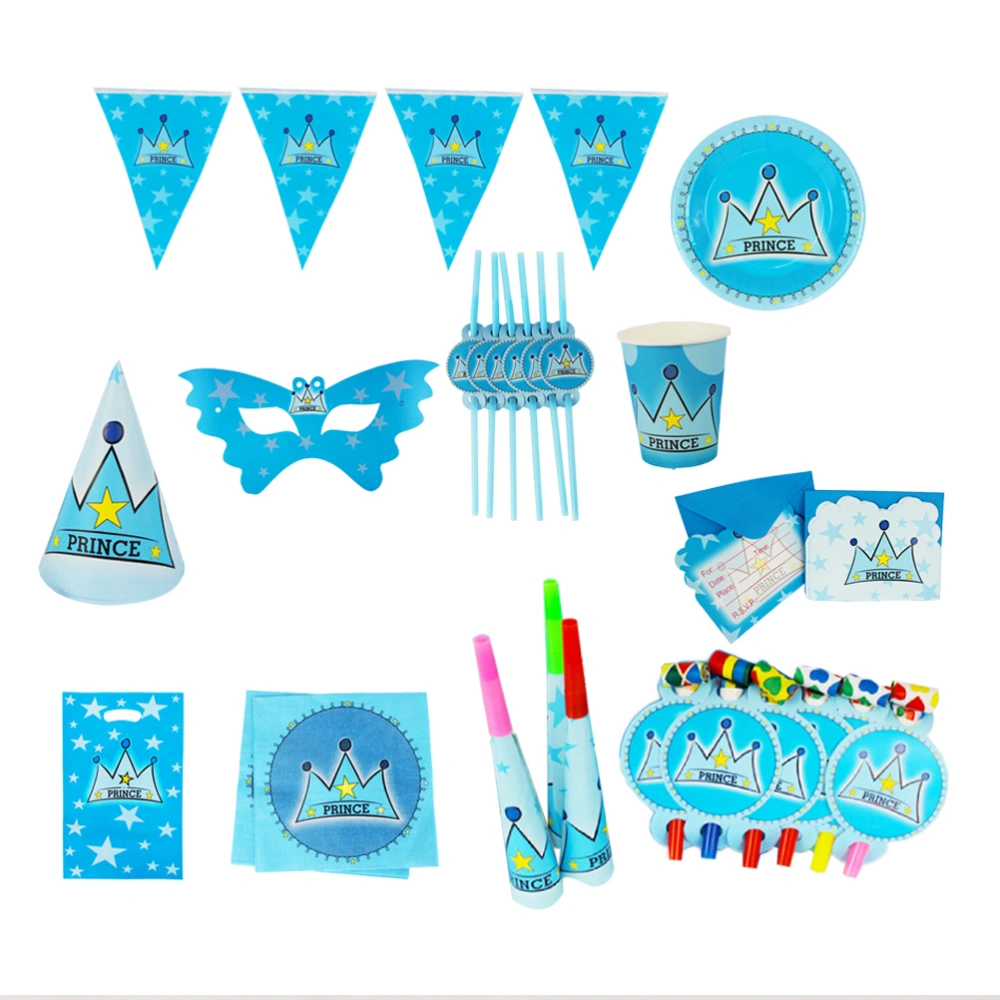 90pcs Kids Birthday Party Tableware Prince Crown Design Paper Cups Plate Baby Shower Party Decoration Ket (Blue)