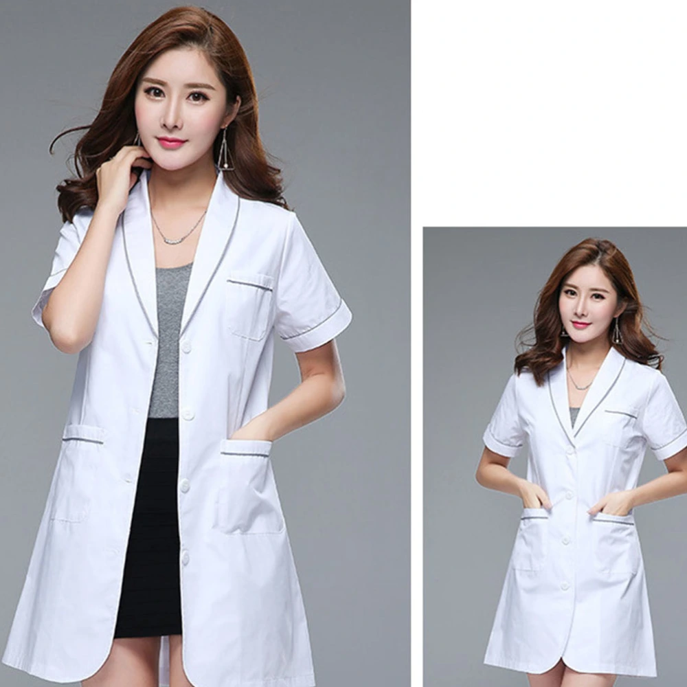 Beautician Uniform Nursing White Coat Cotton Hospital Apparel Clothes Short Sleeve Labour Suit Fashion Pharmacy Coat Costume- Size L