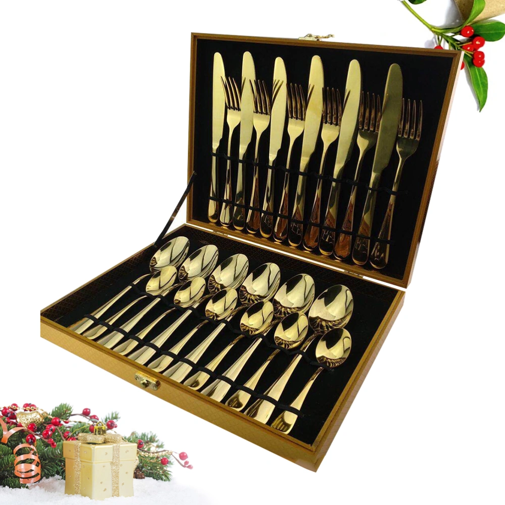 24 in 1 Stainless Steel Tableware Set Spoon Fork Cutlery Wooden Box Western Dinnerware Supplies (Golden)