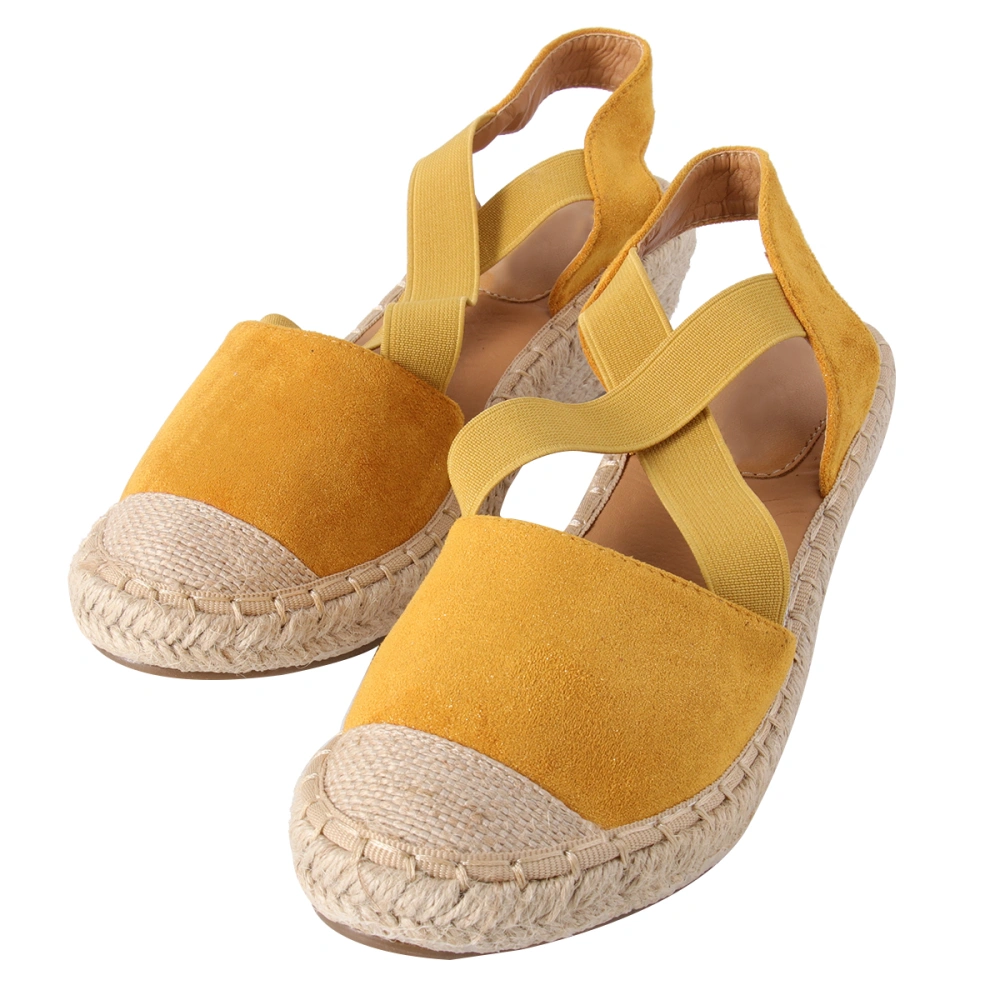 1 Pair of Summer Solid Color Cross Design Shoes Non-slip Wedge Heel Women Round Head Straw Sandals (Yellow, Size 39, 8US, 5.5UK，39EU, 9.825Inch)