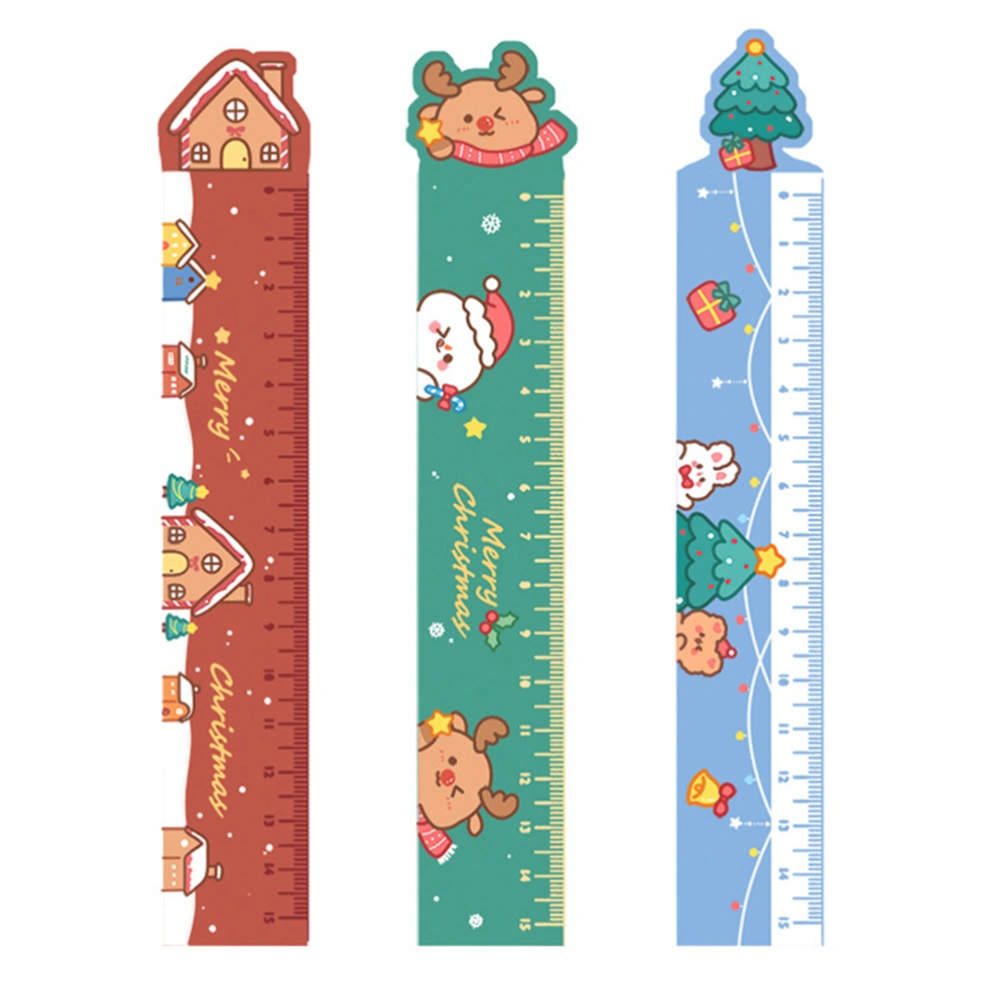 3PCS Christmas Cartoon Rulers Children Measurement Tool Wood Straight Ruler Stationeries for Teaching Drawing Bookmark (Assorted Color)