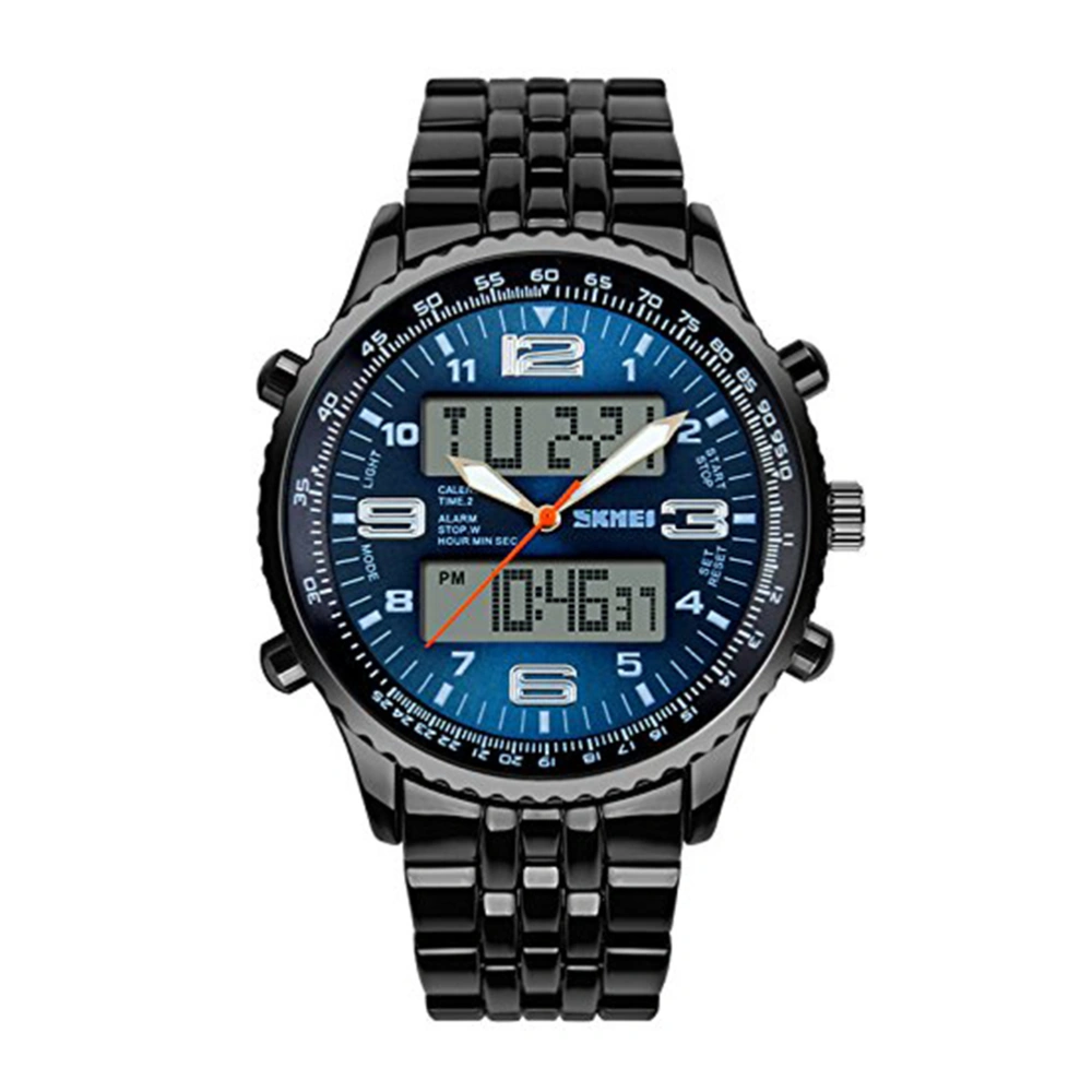 Men Water Resistant Watches LED Analog Digital Display Quartz Wrist Watch With Alloy Case (Blue)