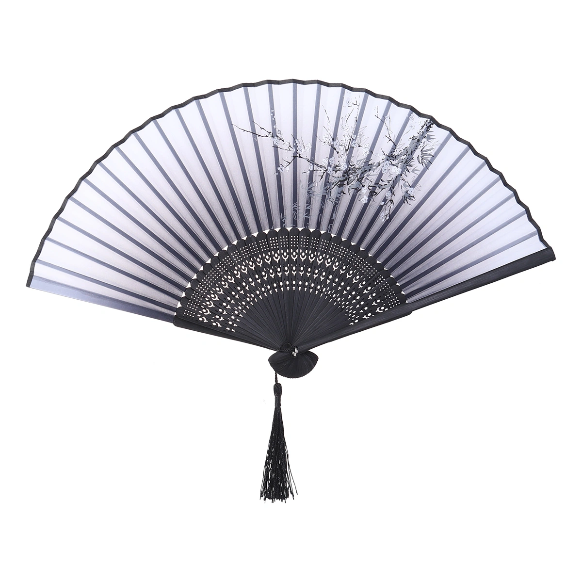 Silk Folding Fan Japanese Style Classic Vintage Bamboo Collapsible Handheld Fan (White Plum Blossom)
