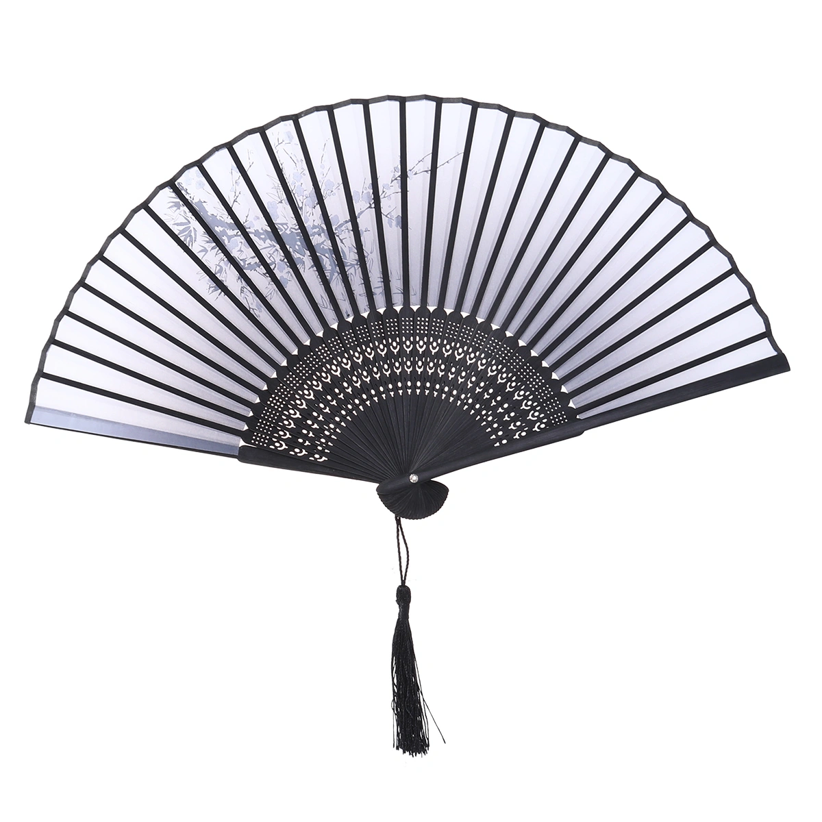 Silk Folding Fan Japanese Style Classic Vintage Bamboo Collapsible Handheld Fan (White Plum Blossom)