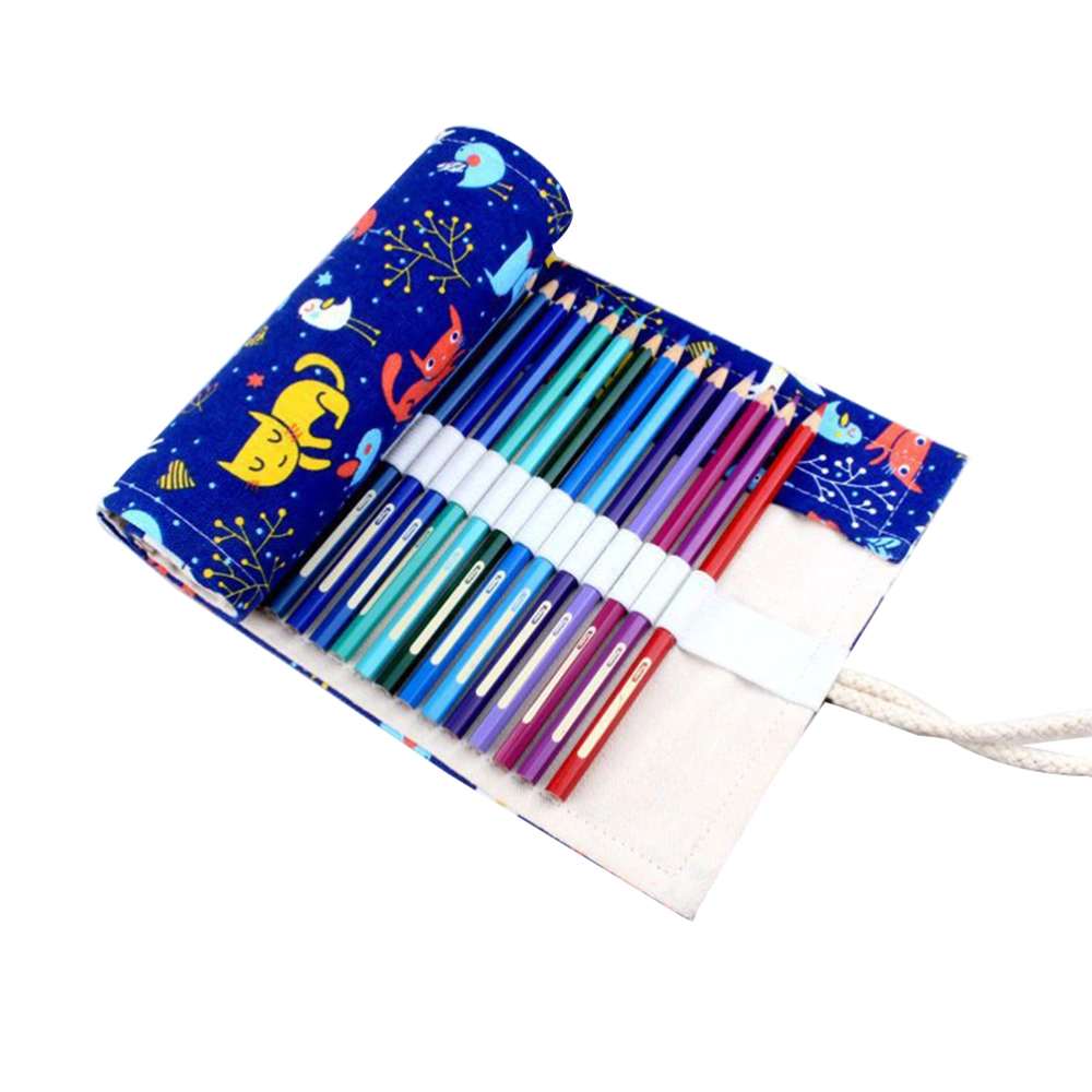 Cat Pattern Canvas Portable Handmade Rolling Pencil Roll Wrap Holder Pouch Case Storage Organizer With 48 Slots