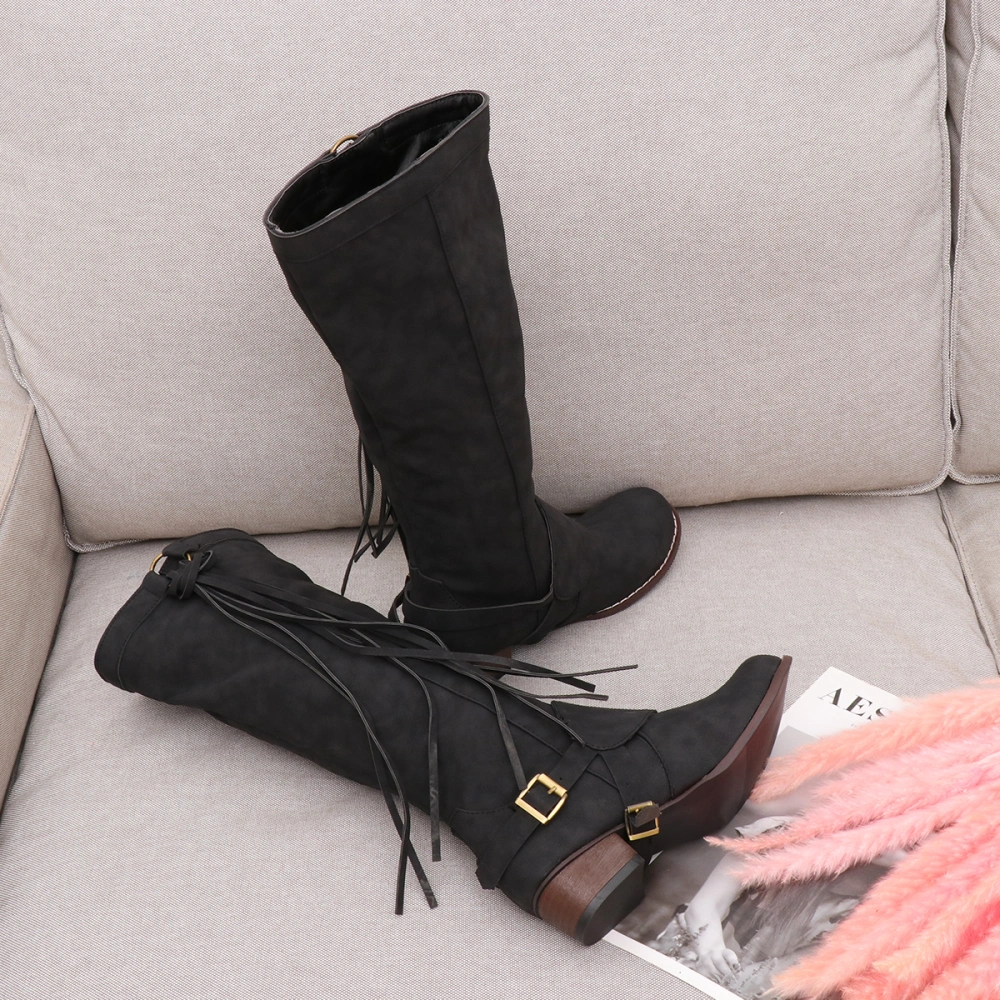 Black Women Fashion Knee High Boots Lady Chunky Heel High Shoes Lady Tassel Boots for Autumn Winter - Size 37