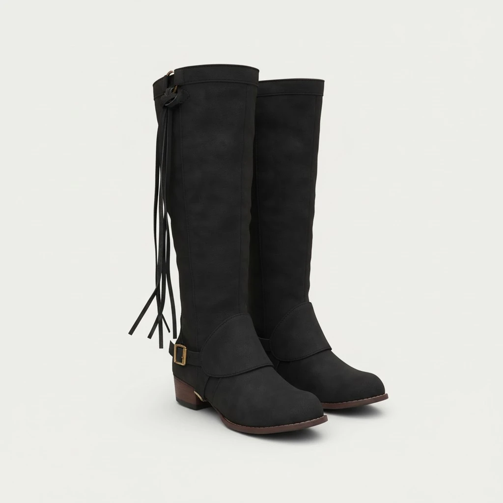 Black Women Fashion Knee High Boots Lady Chunky Heel High Shoes Lady Tassel Boots for Autumn Winter - Size 37
