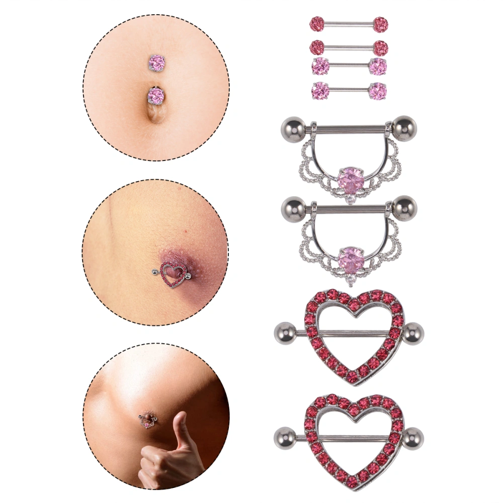 4 Pairs Stainless Steel Ring Anti-rust Rings Stylish Bar Sturdy Body Piercing Jewelry for Girlfriends Female Friends Gift (Pink Rhinestone)