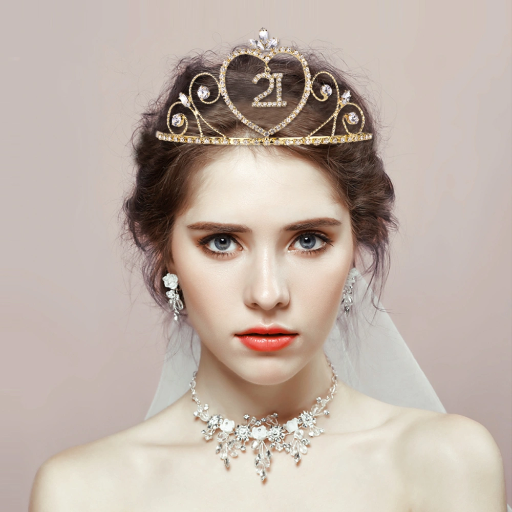 1pc 21 Years Old Birthday Crown Alloy and Rhinestone Number Comb Crown Elegant Headwear (Golden)