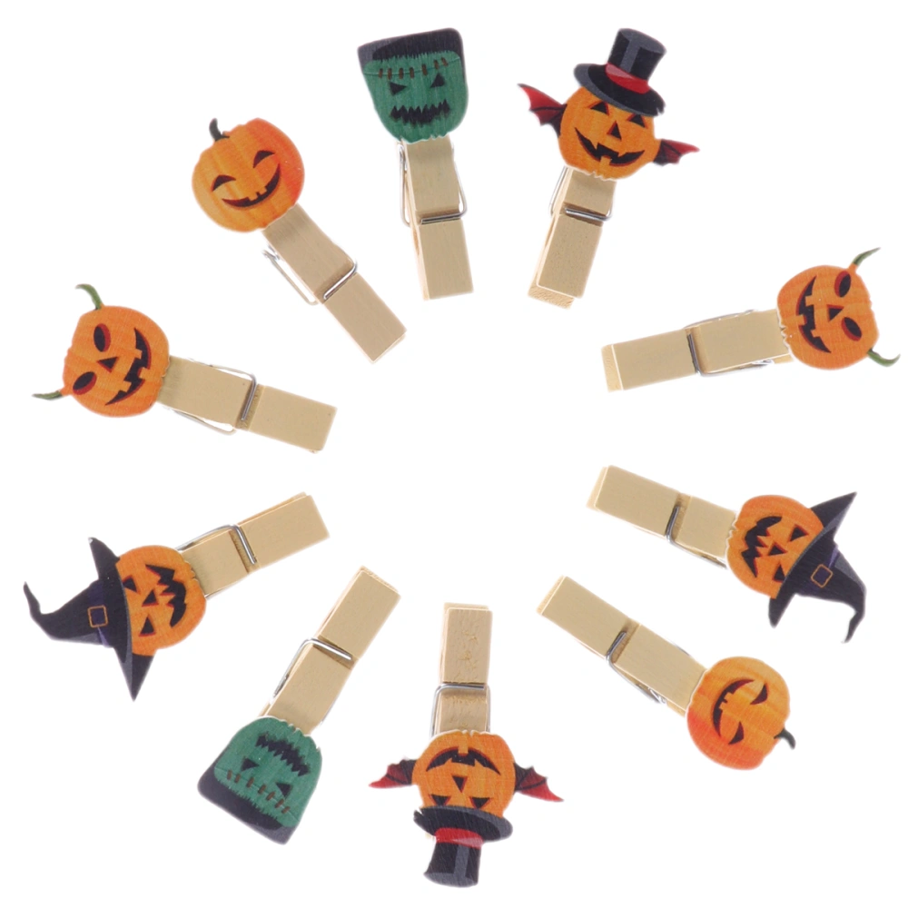 10Pcs Wooden Cartoon Halloween Decorations Mini Pumpkin Head Decor Clothespins Clips for Party