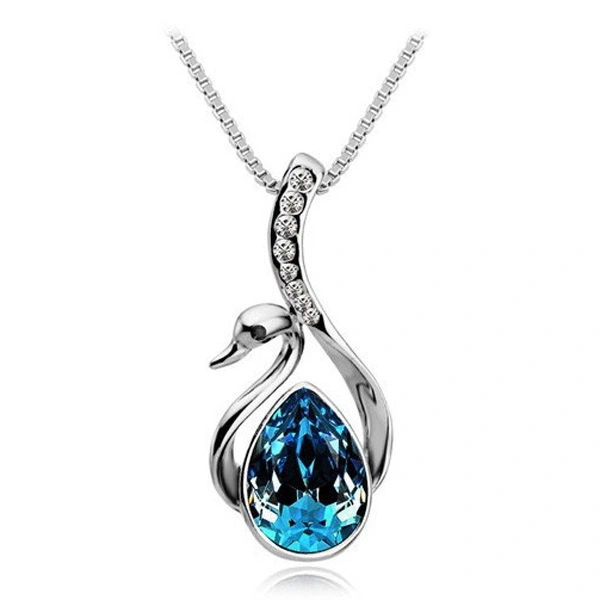 Beautiful Women's Girls Silver Plated Crystal Swan Pendant Necklace Chain (Peacock Blue)