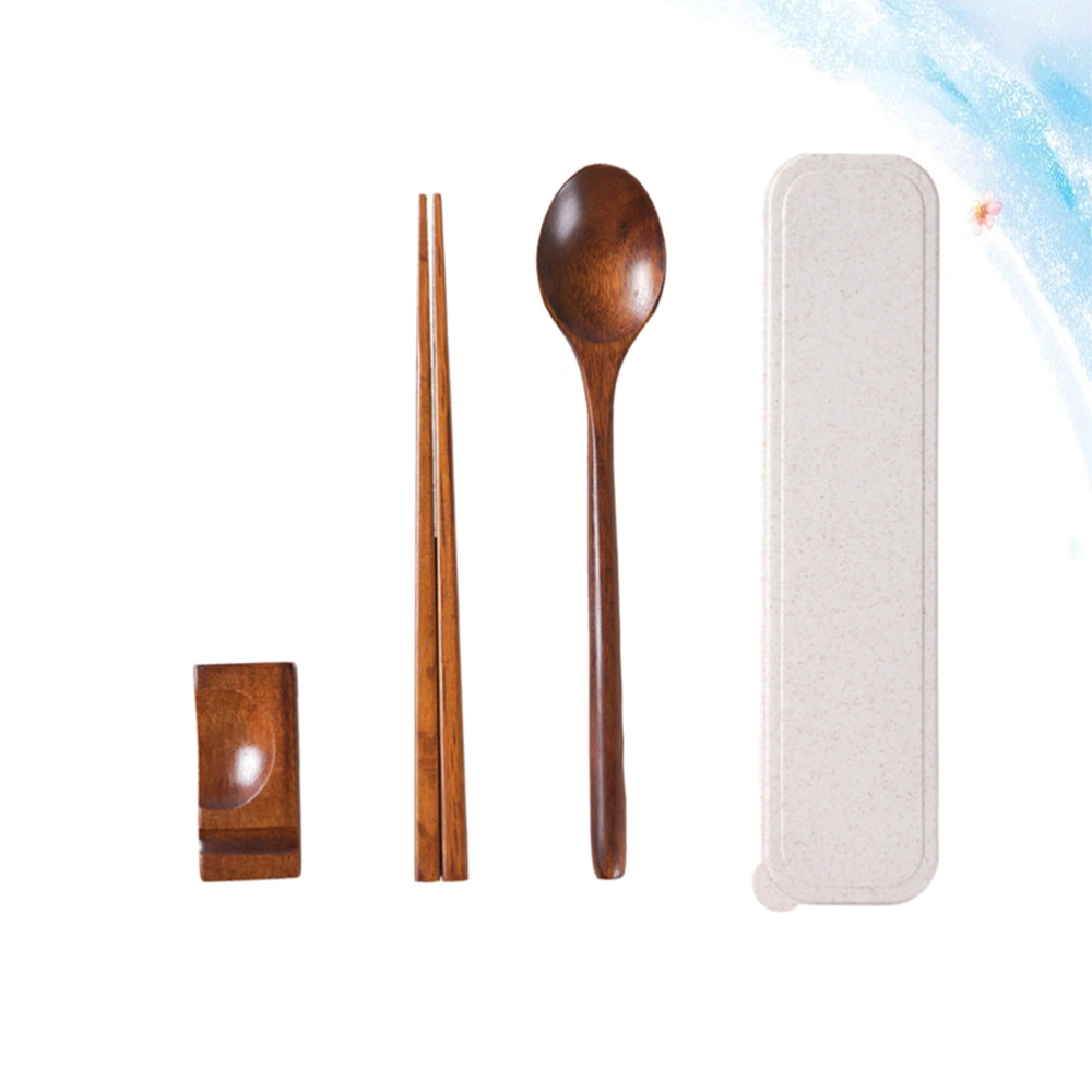 4PCS Japanese Style Solid Wood Chopsticks Spoon Chopstick Rest Set Portable Tableware Set with Case for Camping Travel