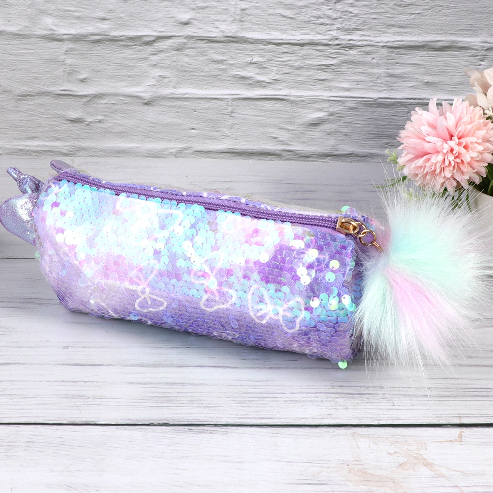 1Pc Creative Pencil Case Unicorn Transparent Sequin Bag Cartoon Stationery Storage Organizer Cosmetic Pouch for Girl School Office (Purple)