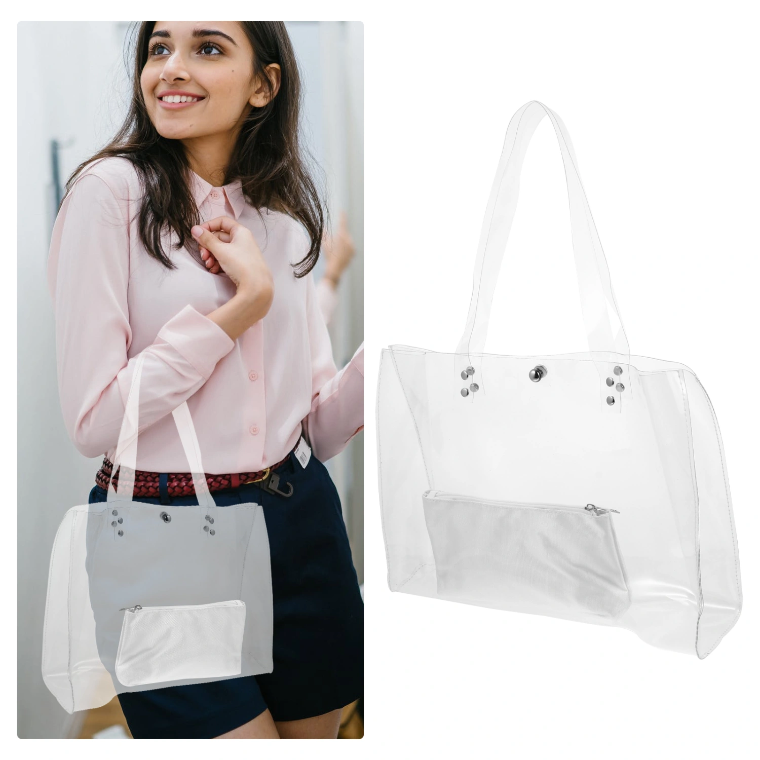 Portable Shopping Bag Transparent PVC Tote Bag Shoulder Pouch with White Bag