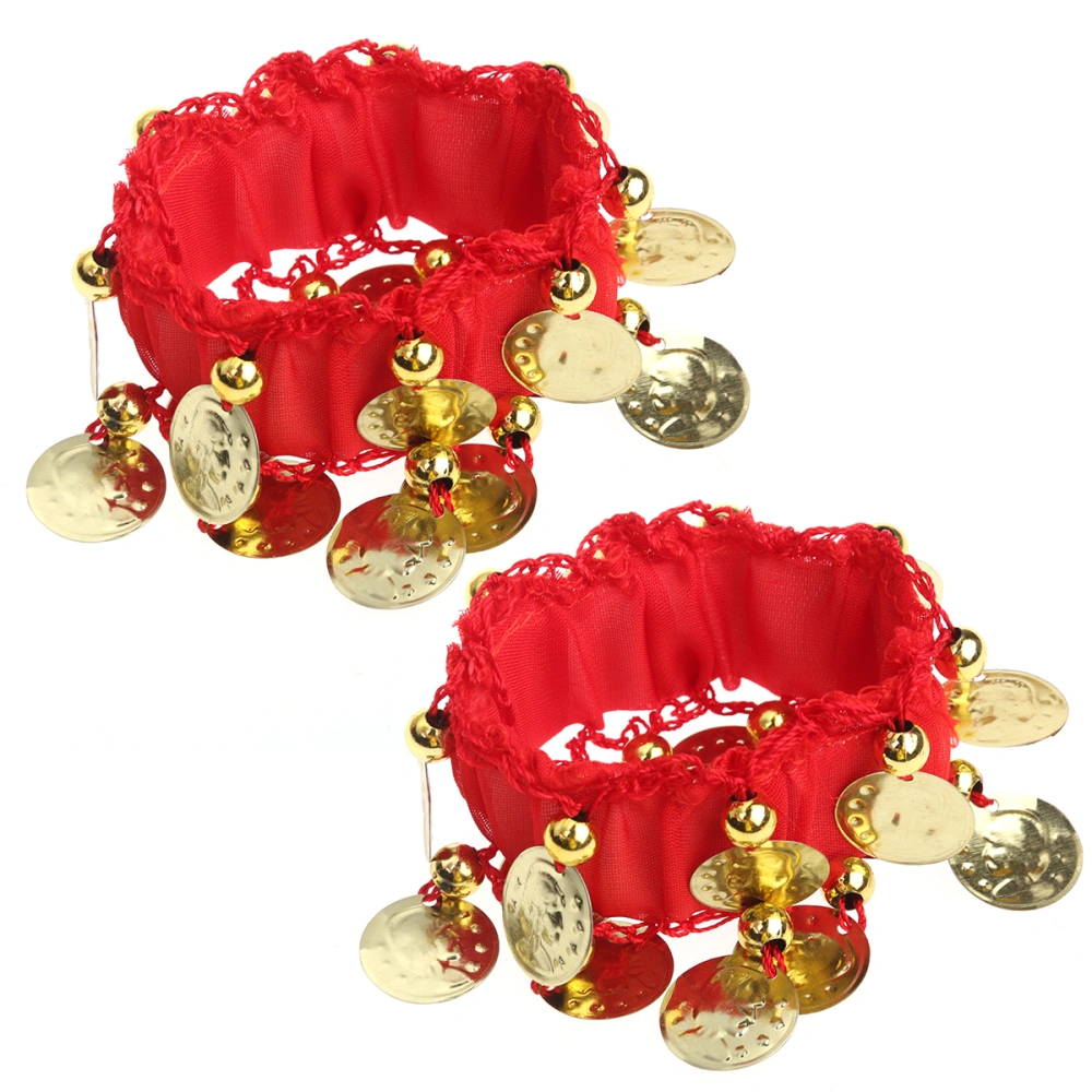 Pair of Belly Dance Wrist Cuff Ankle Chiffon Bracelet Band with Coin (Red)