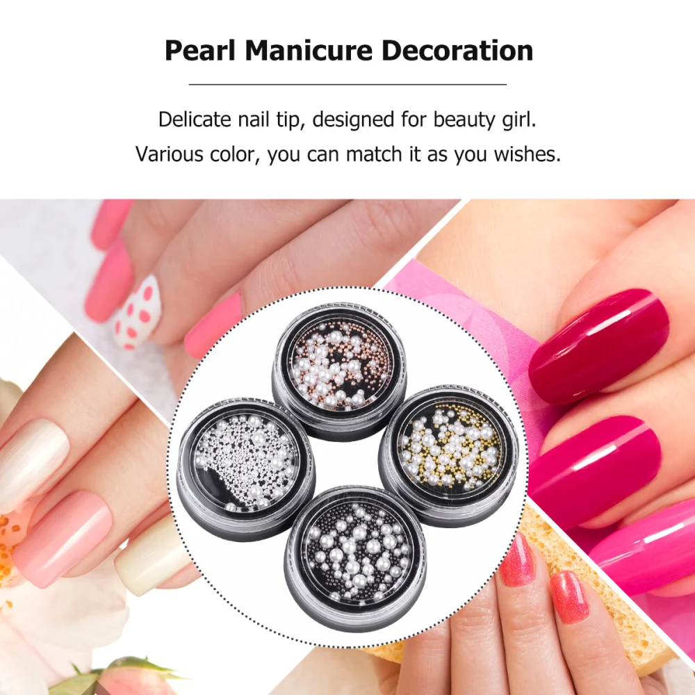 4 Boxed of Nail Art Beads Manicures Imitation Pearls Steel Beads Fingernail Decorations for Women Girls