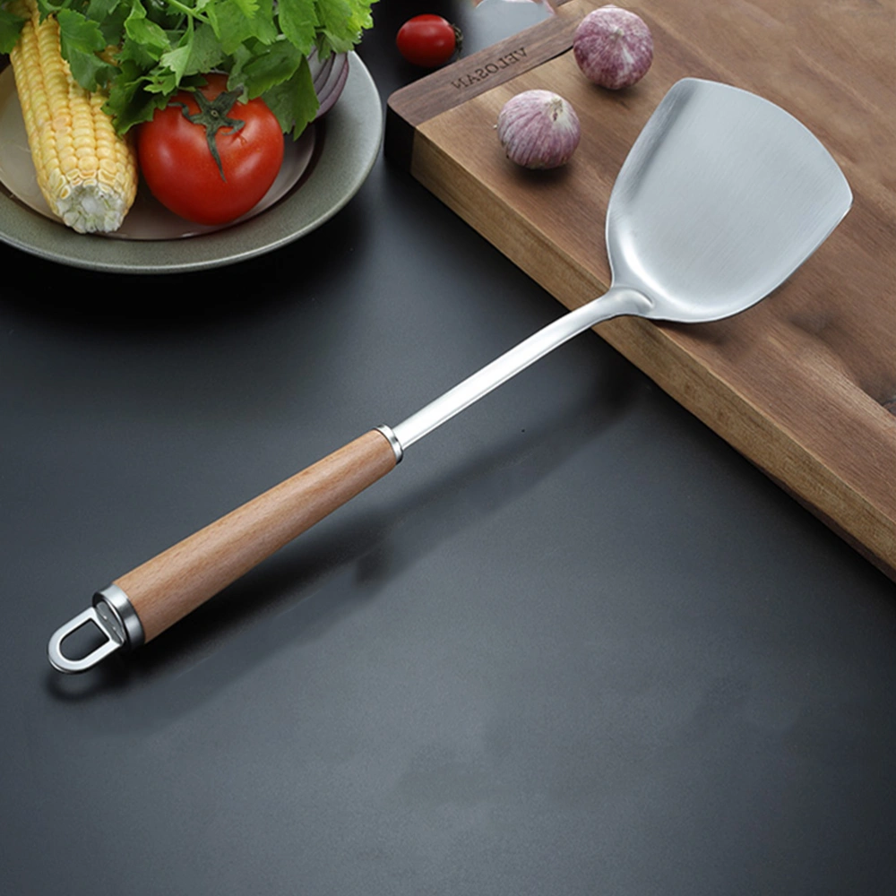 304 Stainless Steel Kitchen Utensils Non-Slotted Turner with Beech Handle Spoon Spatula for Home Cooking