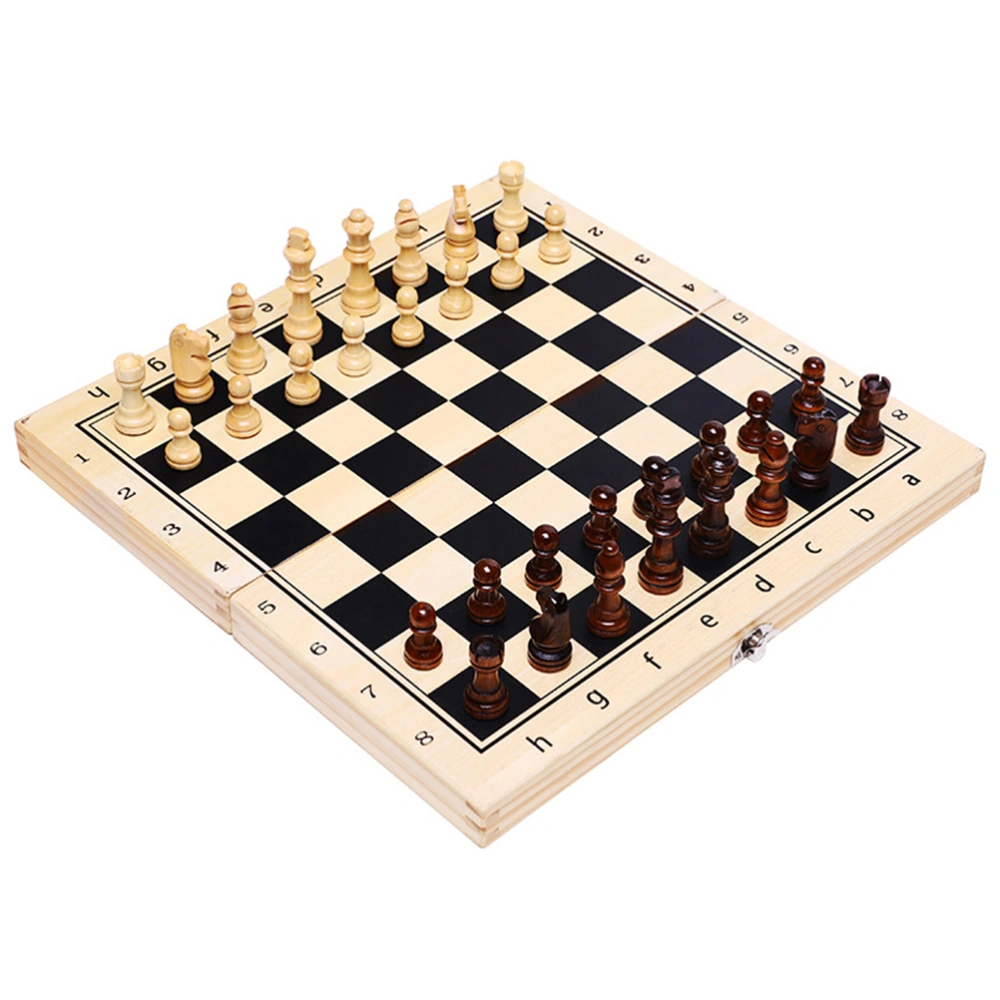 1 Set Foldable Chess Checkers Set Wooden Case Travel Chess Board Portable Classic Educational Toys for Home Kids Adults (34x34x2.5cm)