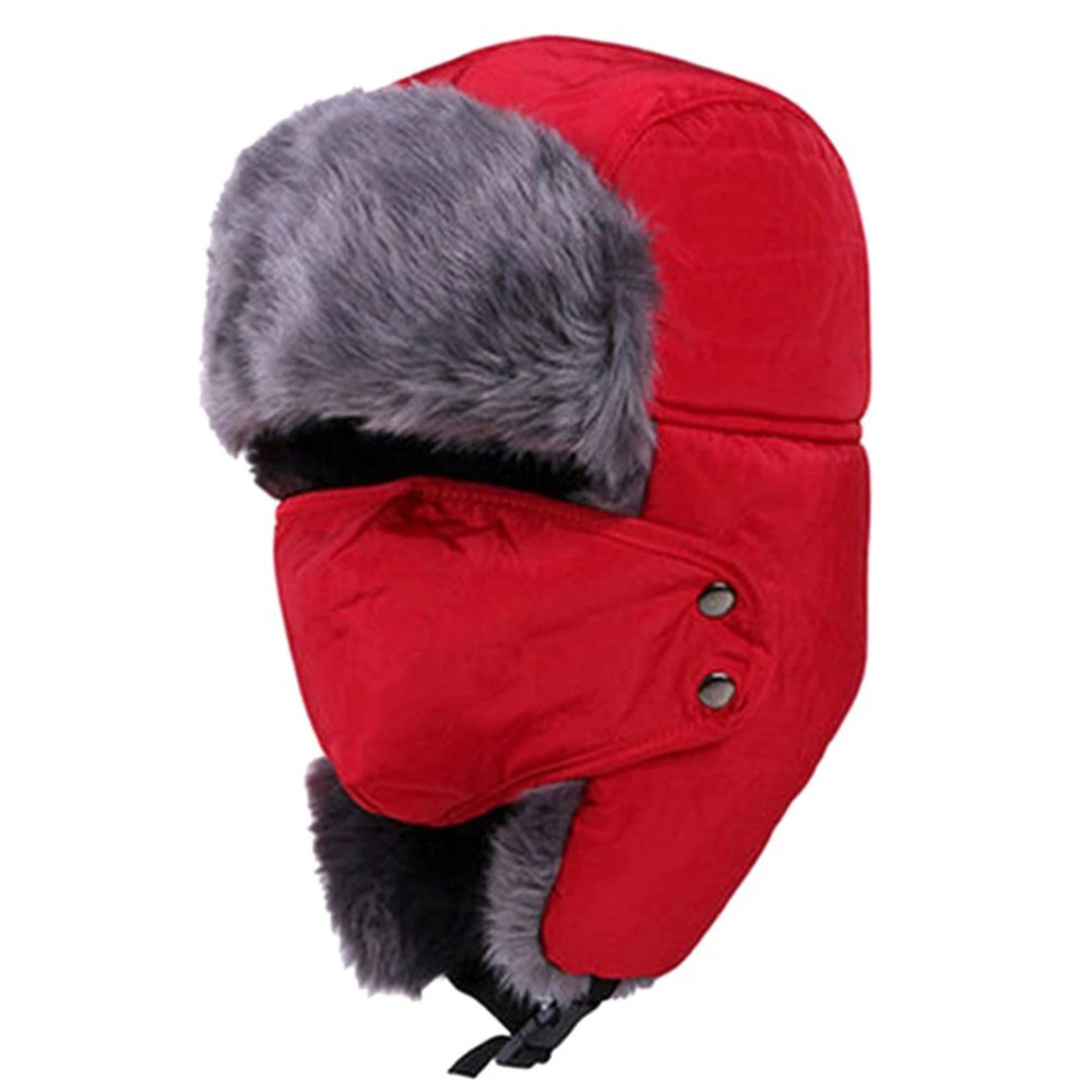 Men Women Winter Ushanka Trapper  Earflap Ski Hats With Mask Hood (Red)