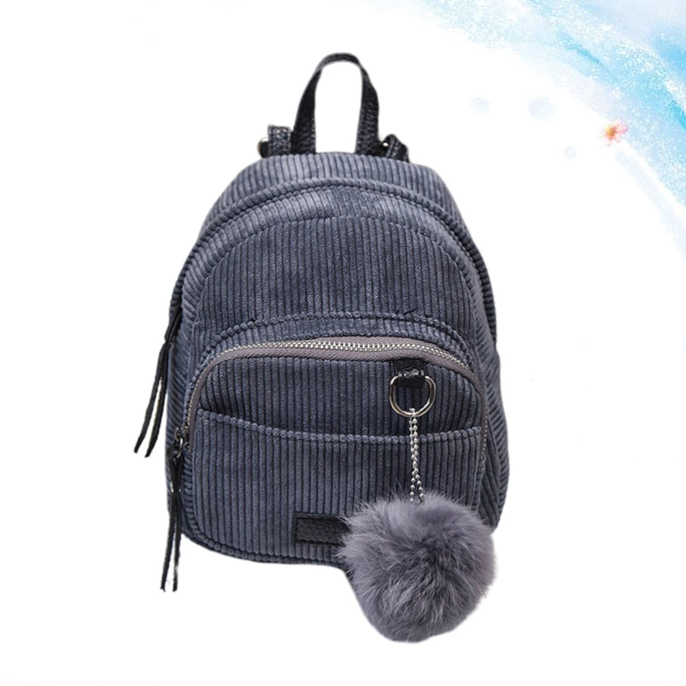 Blue Gray Corduroy Backpack Retro Satchel Adorable Hairball Bookbag Fashion Storage Bag Travel School Bag for Lady Girls