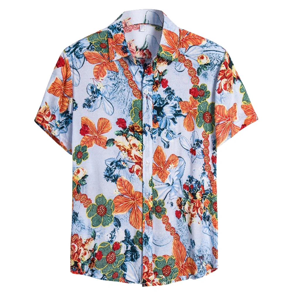 1Pc Men Fashion Summer Shirts Stylish Printing Shirt Cool Breathable Mens Shirts V-neck Beach Shirts (Blue, XL)