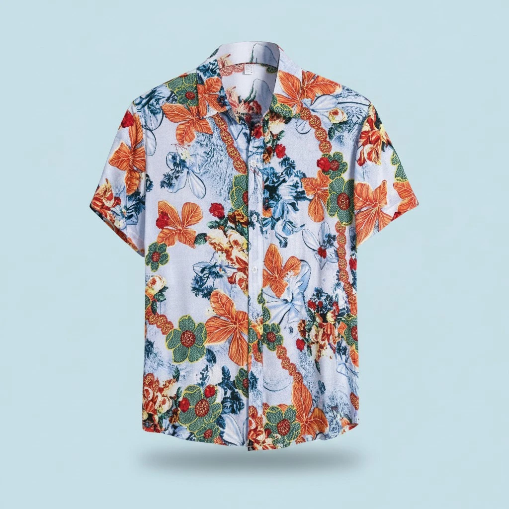 1Pc Men Fashion Summer Shirts Stylish Printing Shirt Cool Breathable Mens Shirts V-neck Beach Shirts (Blue, XL)