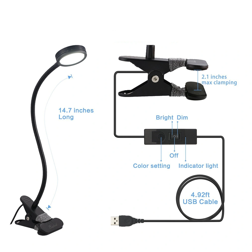 LED Table Lamp Clip on Book Light for Reading in Bed 3 Color Modes 2 Brightness Modes Clamp Light for Bed Headboard and Desk (Black)