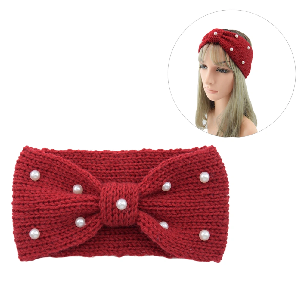 1Pc Knit Woolen Headband Pearl Decor Headdress Bowknot Head Cover Winter Headwraps for Women Maroon