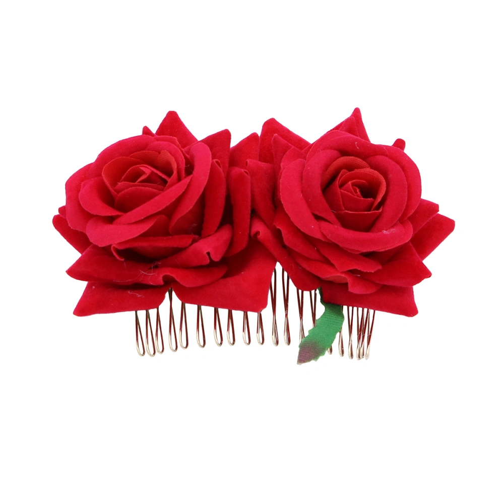 Rose Flower Hair Comb Floral Hair Accessory Headpiece for Women Girls Wedding Bridal (Red)