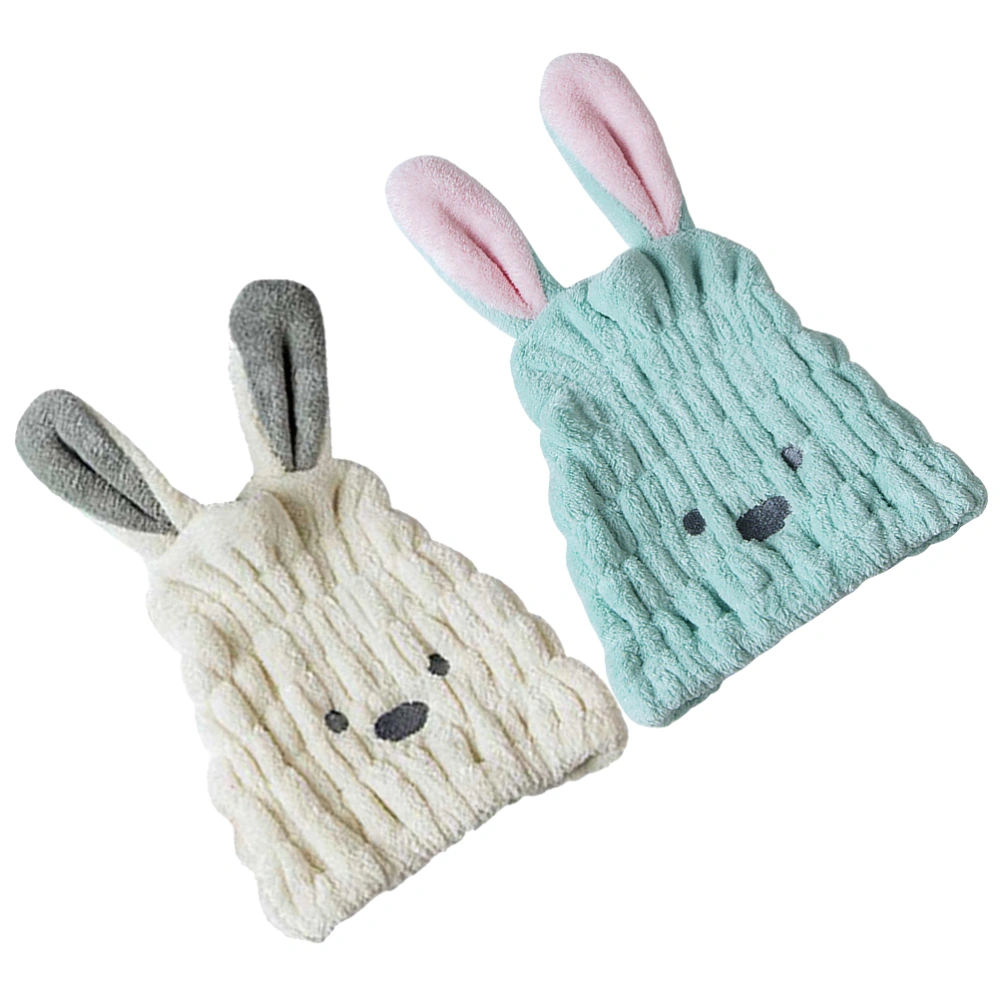 2Pcs Dry Hair Caps Rabbit Ear Water Absorbent Hair Hair Drying Caps Bathroom Supplies Light Blue and Beige