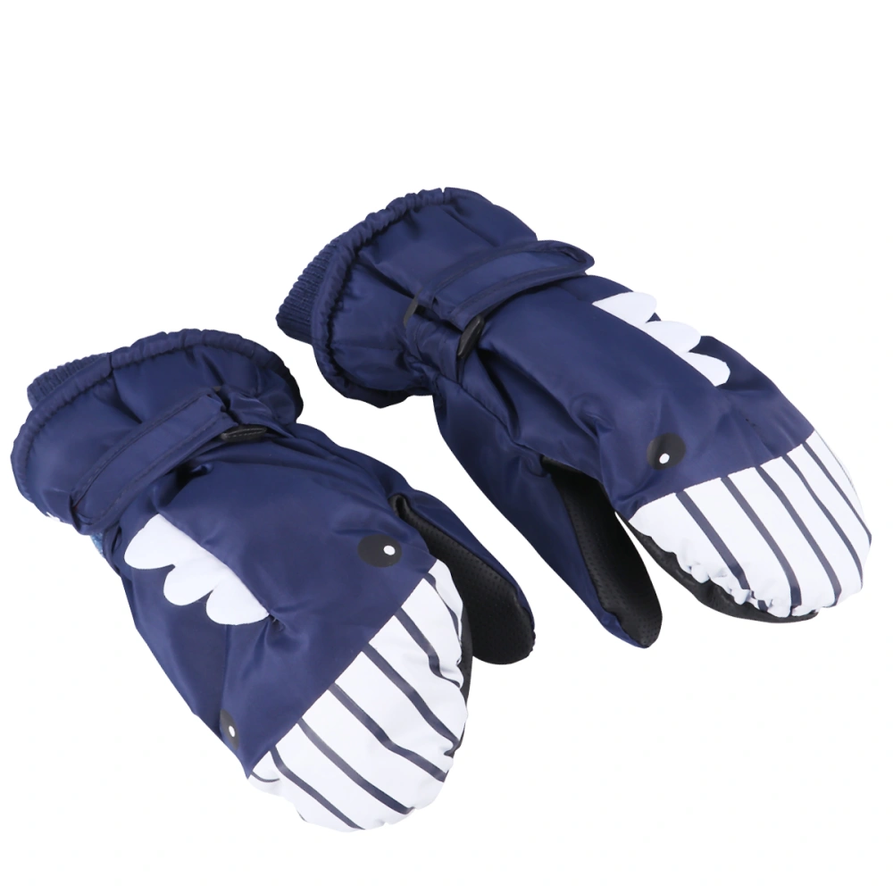 1 Pair Navy Kids Winter Ski Waterproof Gloves Shark Design Full Cover Mitten Keep Warm Hands Protector for Child Outdoor Skiing