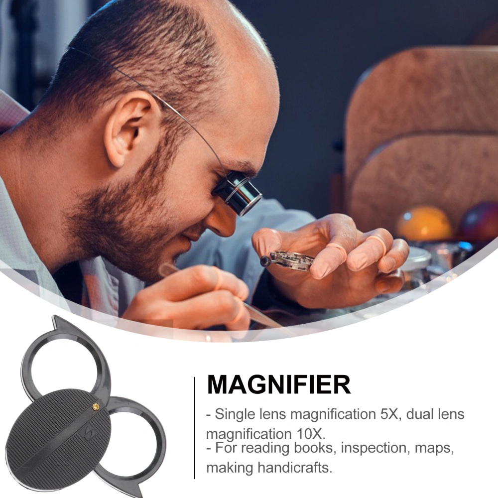 Dual Lens Pocket Mirror Folding Optical Glass Crafts Magnifier Magnifying Glass Loupe (Black)